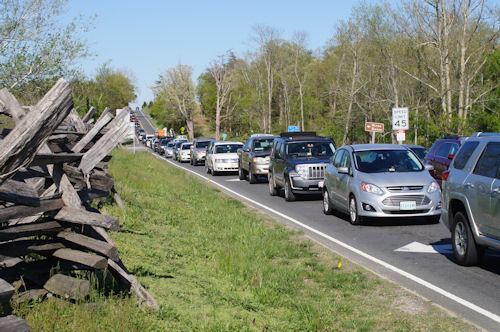 Traffic back-up on two-lane Sudley Road near the Stone House in Manassas battlefield park.