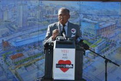 Mayor Jones unveils the Shockoe stadium plan. Image credit: Richmond.com.