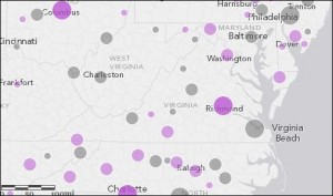 Exerpt from map published in CityLab. Purple = net in-migration. Gray = net out-migration.