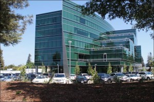 LinkedIn office building in Sunnyvale, Calif. --insulated from the street by a parking lot and a landscaping berm.