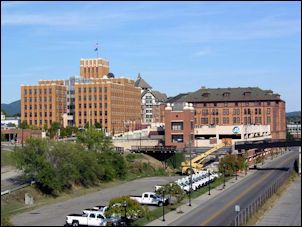 The old Norfolk & Western Railway headquarters complex, with Hotel Roanoke in the background.