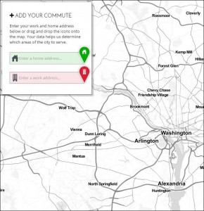 Bridj provides an interactive map of the Washington metro and invites visitors to plot the locations of their commutes. The data will help the company optimize its routes.