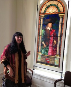 Jennifer Hurst-Wender with Preservation Virginia talks about a romanticized stained-glass portrait, circa 1900, of Nathaniel Bacon.