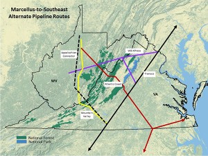 This map shows approximate routes of four proposed natural gas pipelines running through Virginia. Image credit: Dominion Pipeline Monitoring Coalition