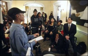 Black VCU students talking to President Michael Rao. Photo credit: Richmond Times-Dispatch.