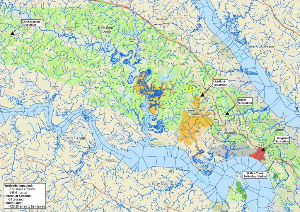 Streams and wetlands along the rejected Chickahominy-Skiffes route. Map source: Dominion Virginia Power