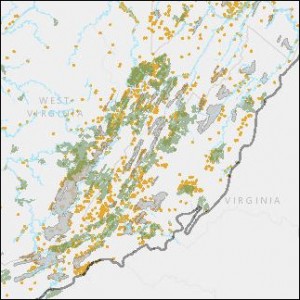 Nature Conservancy map shows priority forest cores (green), priority caves (gray), active cover in rivers (blue), and critical habitats (orange).