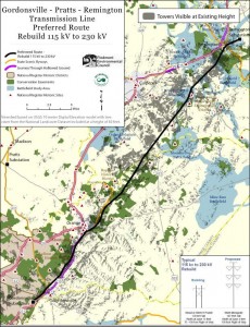 Gray areas show where Dominion Virginia Power's existing 115 kV line between Gordonsville and Remington are visible. Map credit: Piedmont Environmental Council. (Click for more legible image.)