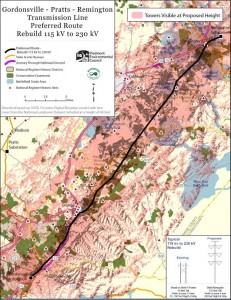 Beige areas show where the Dominion transmission line would be visible if upgraded to a 230kV line, according to PEC mapping software. (Click for larger image)