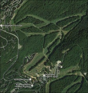 Aerial view of Wintergreen, showing ski slopes.