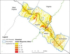 Viewshed impact of proposed Atlantic Coast Pipeline route through Highland, Augusta, Nelson and Buckingham Counties. Source: Key-Log Economics LLC study.