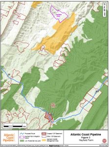 This Dominion map submitted to the VOF shows the location of conservation easements in the Augusta-Bath-Highland area (parcels outlined in red), and the location of the Hayfield Farm where Dominion would create an easement and turn over to the VOF. (Click for larger image.)