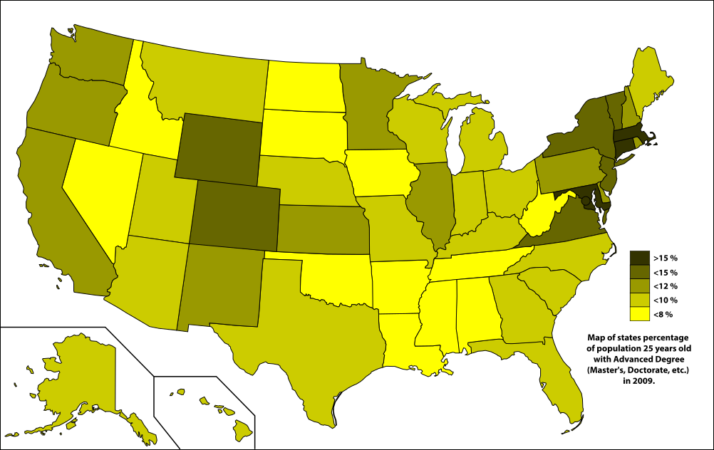 How does one determine "best-educated state" status? This map shows top states by percentage of population with advanced degrees. 