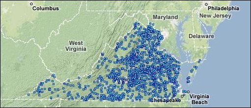 Location of Virginia's 2,919 known dams. 