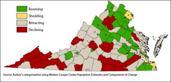 Virginia's population growth is slowing, but four distinct patterns emerge within the state.