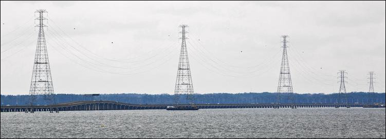 View of a Dominion transmission line crossing the James in Newport News downstream from the proposed Surry-Skiffes project.