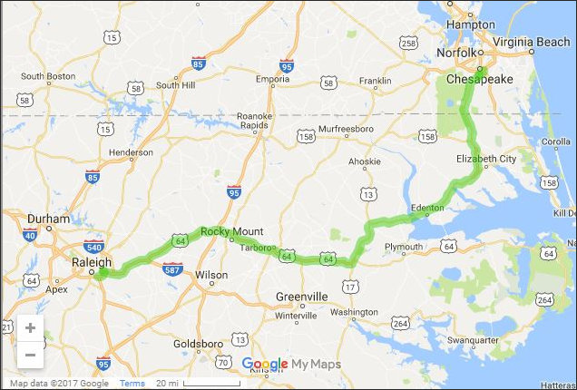 Proposed route of I-87 linking Raleigh and Norfolk.