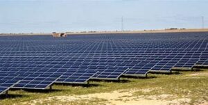A large solar farm featuring rows of solar panels arranged on open land.
