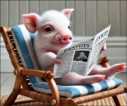 A cute pig sitting in a striped chair, reading a newspaper.