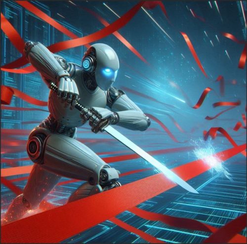 A futuristic robot cutting through red ribbons in a digital environment, symbolizing the removal of bureaucratic obstacles and regulatory streamlining.