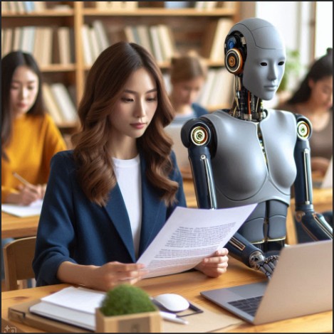 A woman sitting at a table, reading a paper, next to a humanoid robot while other students are focused on their work in a classroom setting.