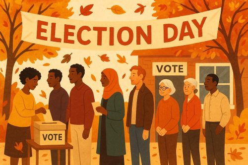 A diverse group of people standing in line to vote on Election Day, with a ballot box in front and a banner that reads 'ELECTION DAY' surrounded by autumn leaves.