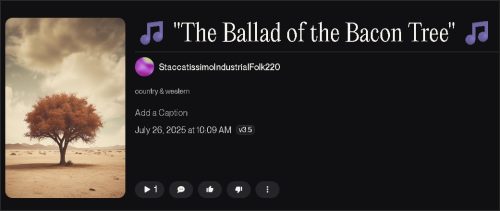 An artistic representation of a tree with bacon-like leaves against a desert background, promoting the song 'The Ballad of the Bacon Tree.'