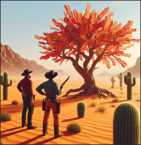 Two cowboys standing in a desert landscape, observing a surreal tree with bacon-like leaves, surrounded by cacti and mountains in the background.