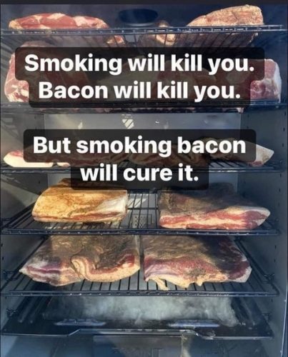 A smoker filled with various cuts of bacon, accompanied by humorous text about smoking and bacon.
