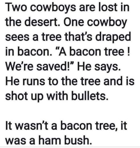 A humorous text image depicting two cowboys in the desert, discussing a tree draped in bacon that turns out to be a ham bush.