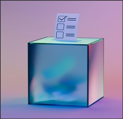 A transparent ballot box with a check-marked voting slip placed inside against a gradient background.