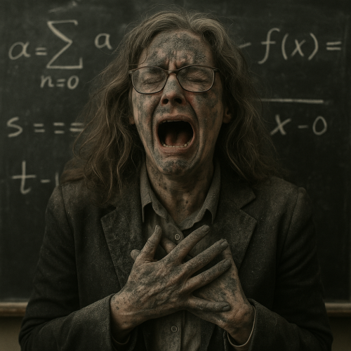 A distressed person with long hair and glasses, covered in dust, is dramatically expressing anguish, with a chalkboard filled with mathematical equations in the background.