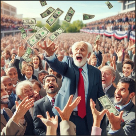 A jubilant crowd celebrating as an elderly man throws dollar bills into the air, signifying financial relief or a government announcement.