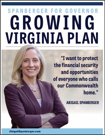 Campaign poster for Abigail Spanberger, featuring her photo and the slogan 'Growing Virginia Plan.' Includes a quote about protecting financial security and opportunities for Virginians.
