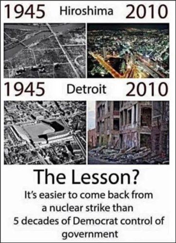 A comparison image showing aerial views of Hiroshima and Detroit in 1945 and 2010, with text below stating 'The Lesson? It's easier to come back from a nuclear strike than 5 decades of Democrat control of government.'