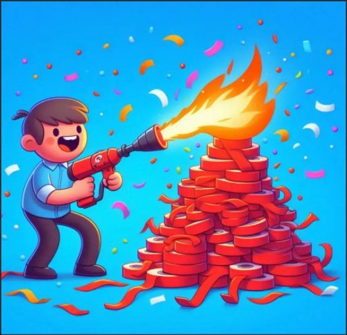 A cartoonish character excitedly uses a blowtorch to ignite a stack of red ribbons, surrounded by colorful confetti on a bright blue background.