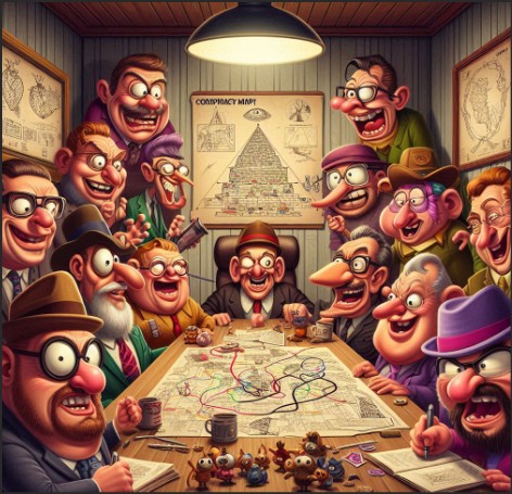A colorful cartoon illustration depicting a group of men gathered around a table covered with a conspiracy map, with various characters expressing exaggerated facial expressions.
