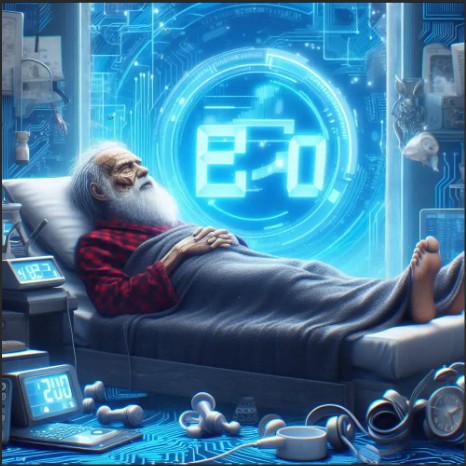 An elderly man with a long white beard and wearing a red plaid shirt is lying in a bed surrounded by futuristic technology and digital screens, suggesting a sci-fi or cybernetic theme.