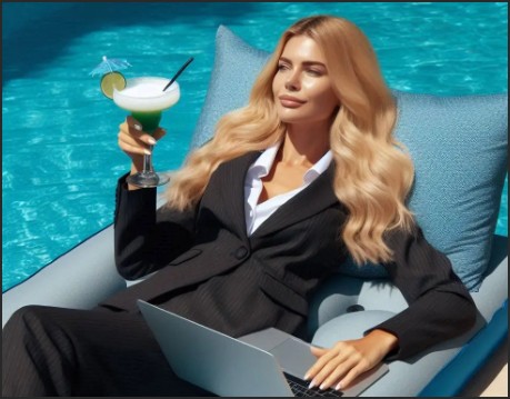 A woman in a business suit relaxing by a pool, holding a cocktail and using a laptop.