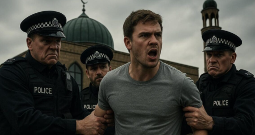 A distraught man in a gray shirt is being restrained by two police officers in uniform, while another officer watches. The scene is set against a backdrop of domes and towers, suggesting a tense confrontation.