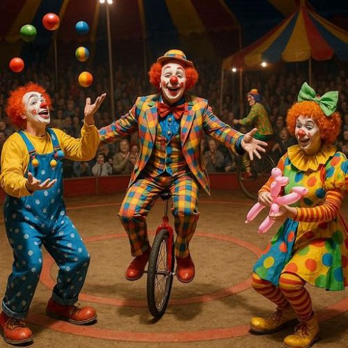 Three clowns performing in a circus setting, with one clown juggling colorful balls while riding a unicycle, surrounded by a cheering audience.