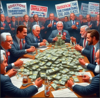 A group of men in formal attire gathered around a table filled with stacks of money, engaged in discussion. Behind them, several signs with political messages can be seen, indicating a focus on labor and economic issues.