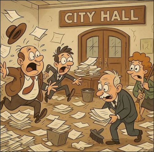 A chaotic scene inside a city hall office, with startled officials reacting to scattered papers flying around, depicting a sense of urgency and confusion.
