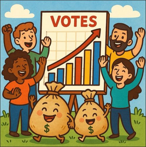 Happy group of diverse people celebrating in front of a chart showing increasing votes, with money bags in the foreground.