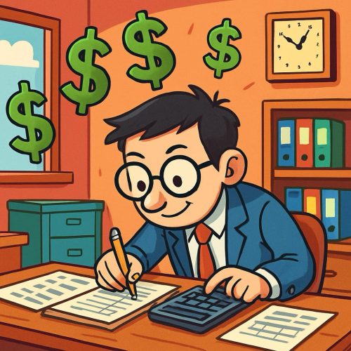A cartoon character in a suit, sitting at a desk while writing and using a calculator, with dollar signs above indicating a focus on finances.