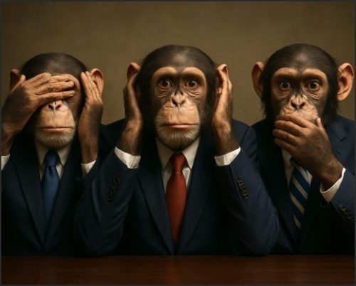 Three monkeys in suits mimicking the 'see no evil, hear no evil, speak no evil' pose, seated at a table.