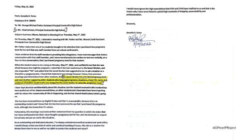A letter from Zenaida Perez to Chad Lehman dated May 13, 2022, detailing allegations regarding a facilitated abortion for a 17-year-old student.