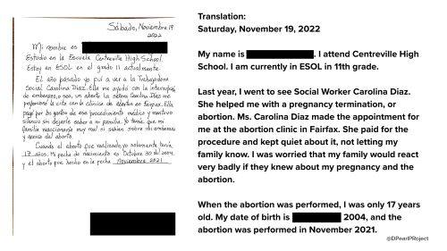 A handwritten statement from a student regarding a meeting with a school social worker about an abortion procedure, dated November 19, 2022, including a translation explaining the events surrounding the abortion.