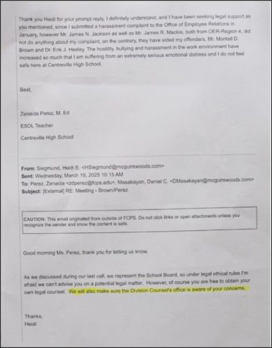 Email correspondence from Zenaida Perez, an ESOL teacher at Centreville High School, discussing legal concerns and allegations regarding a student abortion case.
