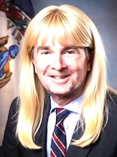 A digital manipulation of a formal portrait of a man wearing a suit and tie, with long blonde hair added.